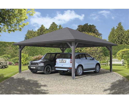 Carport double SKAN HOLZ Taunus avec ancrages pour poteaux 634x634 cm gris ardoise Carport double SKAN HOLZ Taunus avec ancrages pour poteaux 634x634 cm gris ardoise