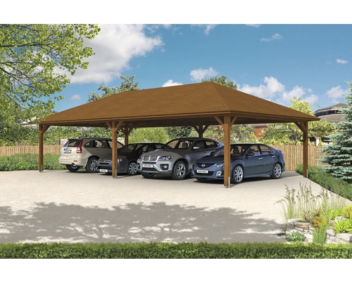 Carport quadruple SKAN HOLZ Taunus avec ancrages pour poteaux 1176x634 cm noyer