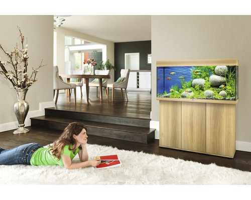 Salon avec aquarium sur meuble bas en bois et femme sur un tapis