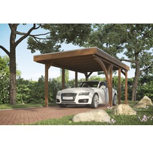 Carport simple SKAN HOLZ Friesland avec une arche et ancrages pour poteaux 314x555 cm noyer