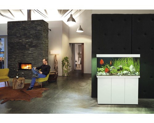 Salon avec cheminée, aquarium et homme lisant