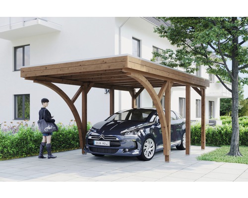 Carport simple SKAN HOLZ Friesland avec 2 arches et ancrages pour poteaux 314x555 cm noyer