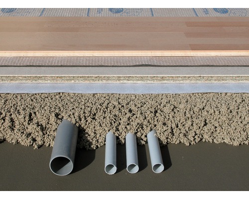 Structure d''un chauffage au sol avec couche d''égalisation et différents tuyaux.