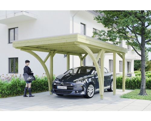 Carport simple SKAN HOLZ Friesland avec 2 arches et ancrages pour poteaux 314x555 cm imprégnés