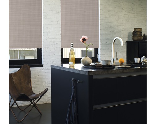 Intérieur avec stores enrouleurs, comptoir de cuisine et siège