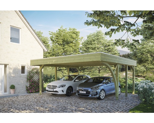 Doppelcarport SKAN HOLZ Friesland mit einem Einfahrtsbogen und  Pfostenankern 557x555 cm imprägniert - HORNBACH Luxemburg