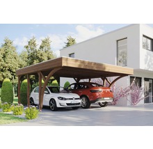 Carport double SKAN HOLZ Friesland avec 2 arches et ancrages pour poteaux 557x555 cm noyer