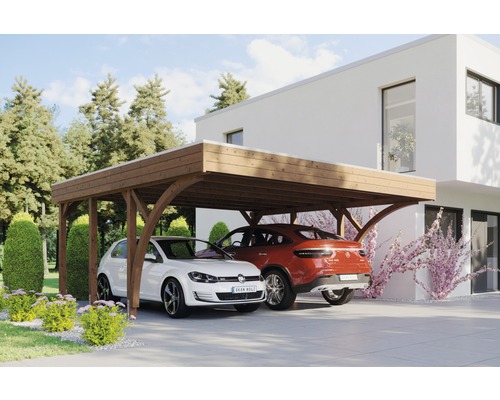 Carport double SKAN HOLZ Friesland avec 2 arches et ancrages pour poteaux 557x555 cm noyer