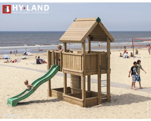 Tour de jeux Hyland EN 1176 pour espace public projet 3 avec toboggan vert Tour de jeu en bois avec toboggan sur la plage