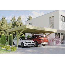 Carport double SKAN HOLZ Fliesland avec 2 coudes d'accès et ancrages pour poteaux 557x555 cm imprégné