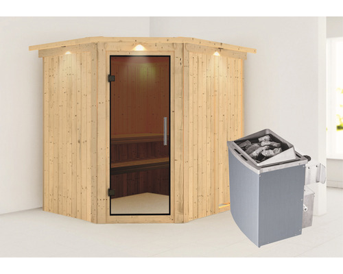 Sauna modulaire Calienta Petalit avec poêle 9 kW, commande intégrée et frise de toit