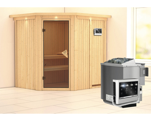 Sauna modulaire Calienta Petalit avec poêle bio 9 kW, commande externe et frise de toit