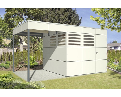 Abri de jardin moderne avec auvent dans le jardin.