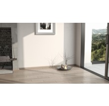 Heller Raum mit Holzboden, Kamin und Schiebetür zur Terrasse