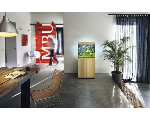 Intérieur avec aquarium sur meuble bas, table à manger et décoration