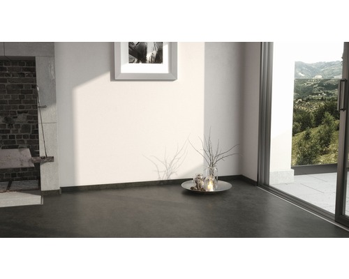 Intérieur avec sol foncé, mur blanc et vue sur la verdure