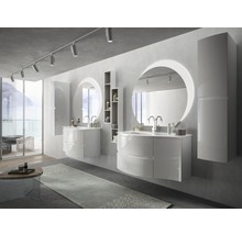 Salle de bains lumineuse avec double vasque, miroirs ronds éclairés et meubles de salle de bains modernes