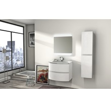 Scène de salle de bains avec meuble sous-lavabo, miroir et armoire haute dans un design clair et moderne.