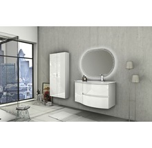 Salle de bains moderne avec meuble sous-lavabo, armoire de toilette, miroir lumineux et armoire haute