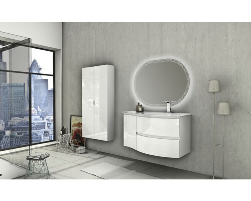 Modernes Badezimmer mit Waschbeckenunterschrank, Spiegelschrank, Spiegellampe und Hochschrank