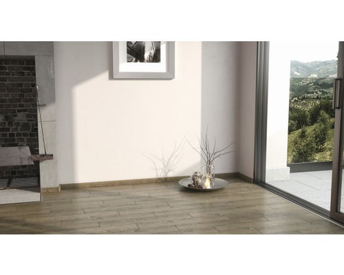 Pièce lumineuse avec cheminée, plancher en bois et porte de patio donnant sur la verdure.