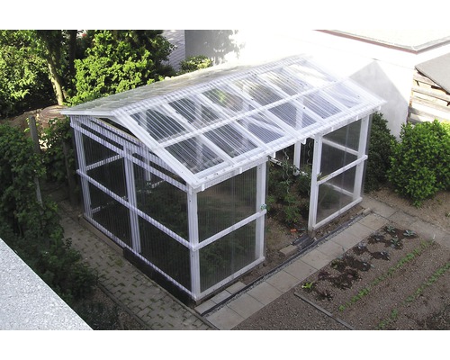 Gewächshaus mit transparenten Wänden und Dach im Garten.