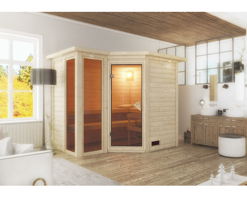 Sauna en bois massif Calienta Limonit y compris poêle 9 kW avec commande intégrée et frise de toit