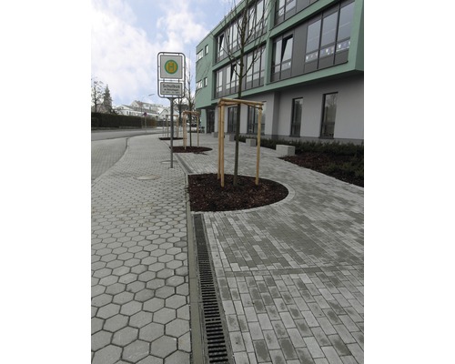 Photo extérieure d''un arrêt de bus avec pavés et système de drainage routier