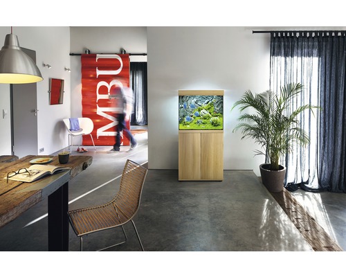 Salon avec aquarium sur meuble bas, table à manger et chaise