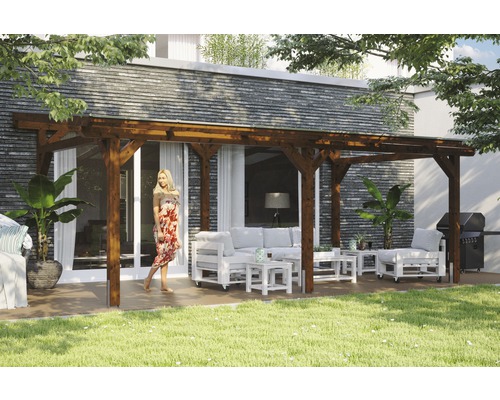 Toiture pour terrasses Skanholz Siena 648 x 300 cm, noyer Terrasse avec pergola en bois et meubles de jardin