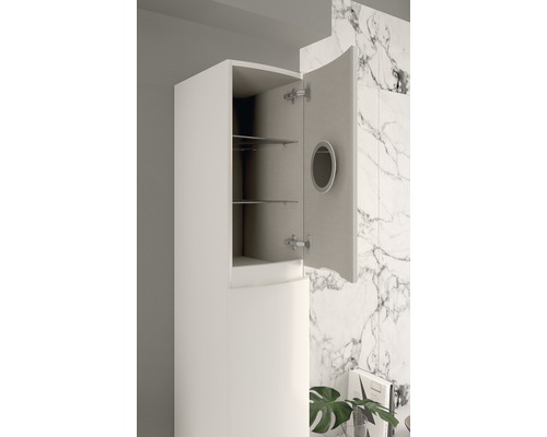 Armoire de salle de bains avec étagères ouvertes et ouverture de poignée ronde