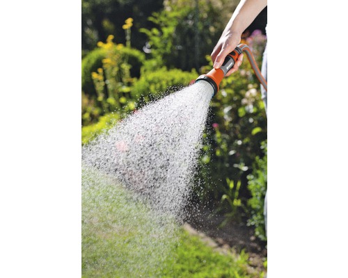 Arrosage du jardin avec un tuyau d''arrosage et une lance d''arrosage