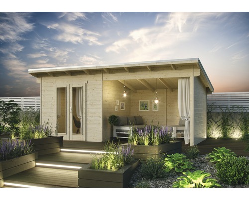 Abri de jardin SKAN HOLZ Texel avec plancher 590 x 310 cm naturel Maison de jardin en bois avec terrasse couverte, entourée de bacs à plantes et d''aménagement paysager