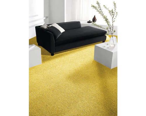 Intérieur avec canapé noir et tapis jaune