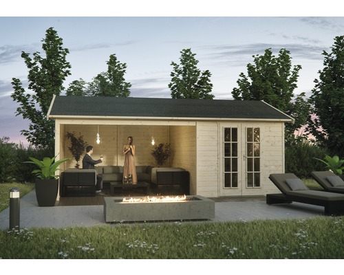 Abri de jardin SKAN HOLZ Tilburg avec plancher 613 x 420 cm naturel Abri de jardin avec coin salon, foyer et chaises longues dans le jardin