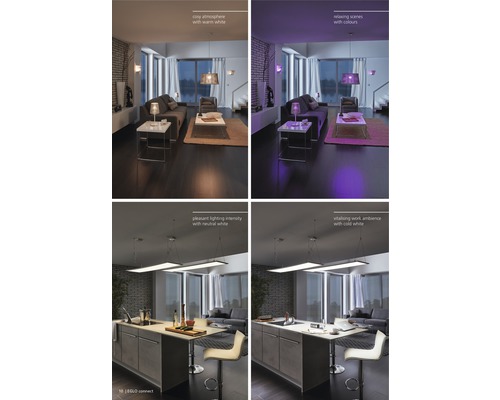 Illustration verschiedener Wohnräume mit unterschiedlicher Beleuchtung für gemütliche, entspannende und vitalisierende Atmosphären