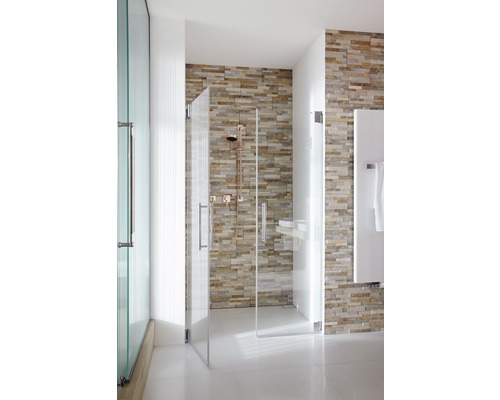 Begehbare Dusche mit Glaswänden und Steinwand