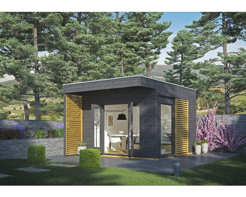 Abri de jardin moderne avec façade en bois, portes de terrasse et persiennes en bois