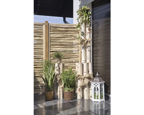 Aménagement de jardin décoratif avec des éléments en bois, des plantes et une lanterne.