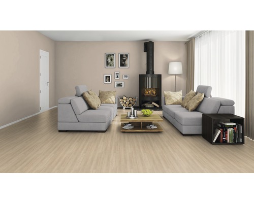 Espace de vie lumineux avec sol stratifié, canapés, cheminée et objets de décoration pour une ambiance chaleureuse