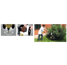 Images d''un coupe-bordure en cours d''utilisation avec une roue pivotante et des lames interchangeables