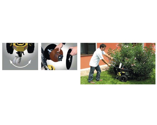 Images d''un coupe-bordure en cours d''utilisation avec une roue pivotante et des lames interchangeables