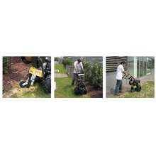 Les images montrent un opérateur utilisant une machine à découper les bordures de pelouse dans un jardin.