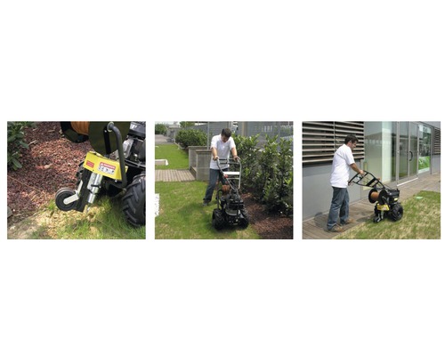 Les images montrent un opérateur utilisant une machine à découper les bordures de pelouse dans un jardin.