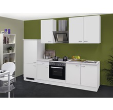 Küchenzeile mit Spüle, Kochfeld, Backofen, Dunstabzugshaube und Hängeschränken in einem hellen und aufgeräumten Küchendesign.