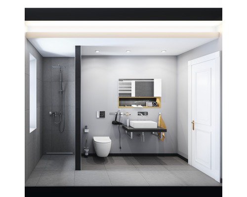 Salle de bains moderne avec douche, WC, lavabo et espace de rangement