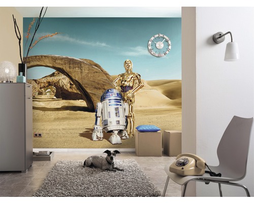 Wohnzimmer mit Star Wars Fototapete, Sessel, Teppich und Kommode