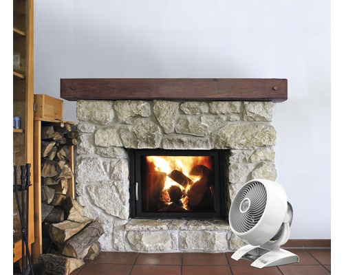 Salon avec cheminée en pierre, bois et ventilateur pour la répartition de la chaleur