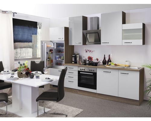 Flex Well Küchenzeile mit Geräten Valero 280 cm Frontfarbe weiß hochglanz  Korpusfarbe sonoma eiche zerlegt - HORNBACH Luxemburg | Sockelblenden