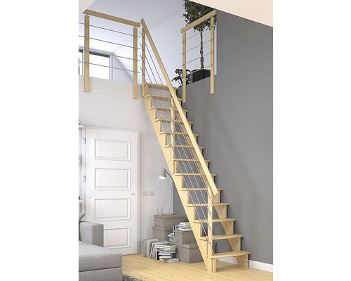 Escalier en bois avec rampe en métal dans un espace de vie moderne.